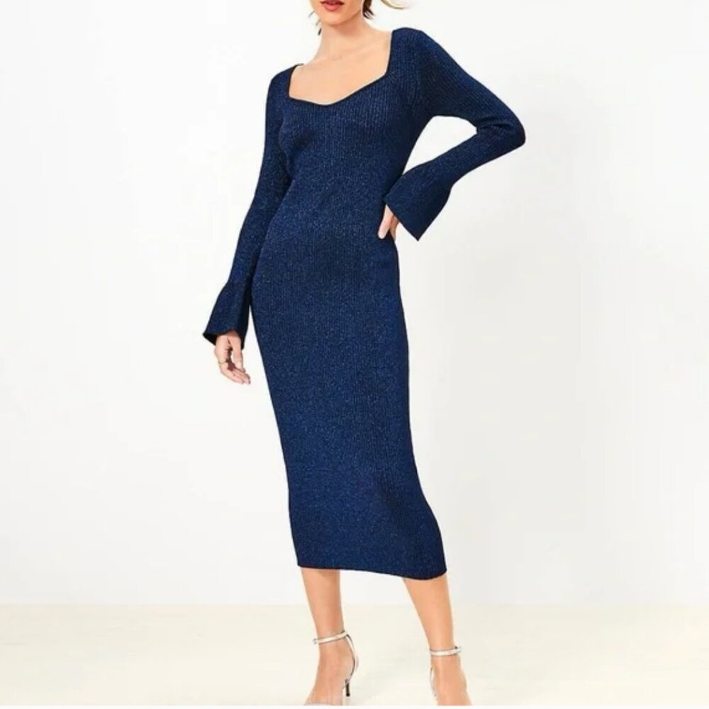 LOFT Ribbed Trumpet Sleeve Midi Blue Metallic Sweater Dress